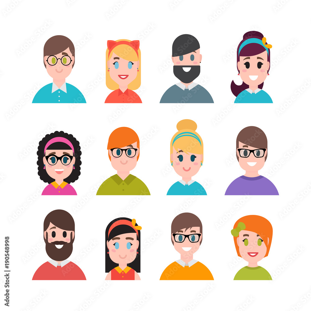 People avatars collection. Simple flat cartoon style. Men, boys, girls and women characters. Male and female portraits People avatars collection. Simple flat cartoon style. Men, boys, girls and women characters. Male and female portraits