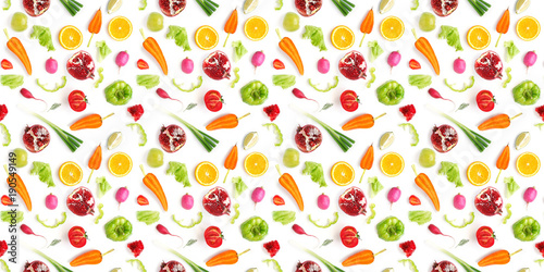 Food texture. Seamless pattern of various fresh vegetables and fruits isolated on white background, top view, flat lay. 