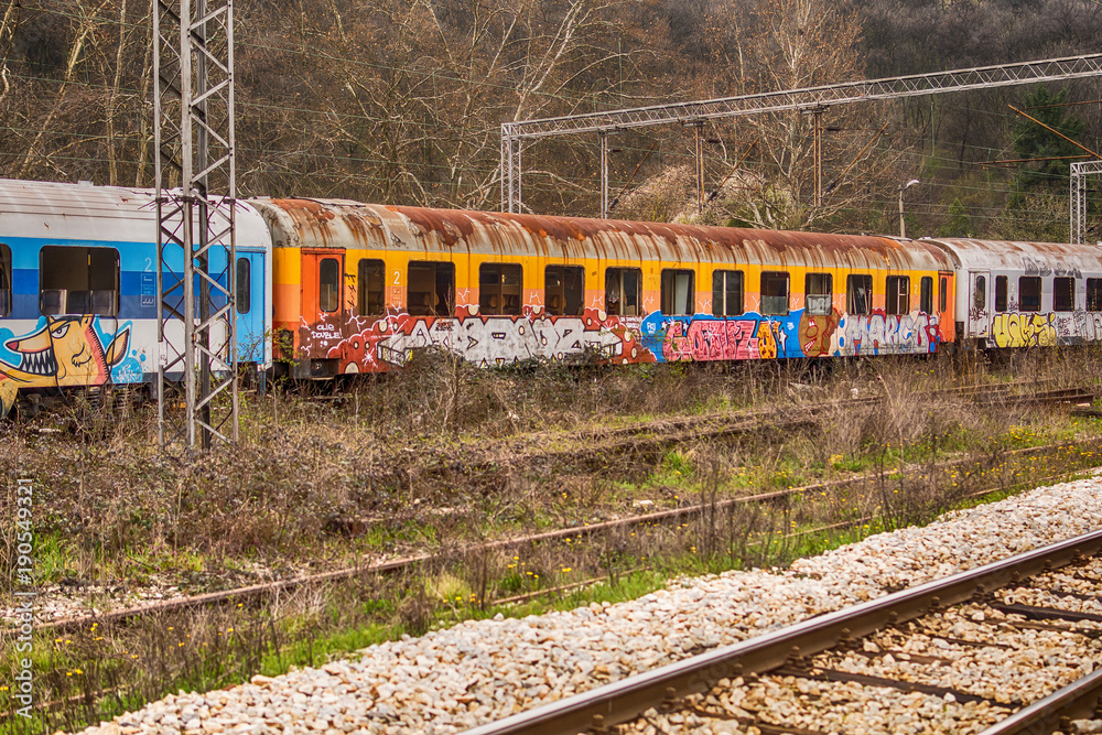 Fototapeta premium Belgrade, Serbia March 21, 2016: Abandoned and destroyed trains