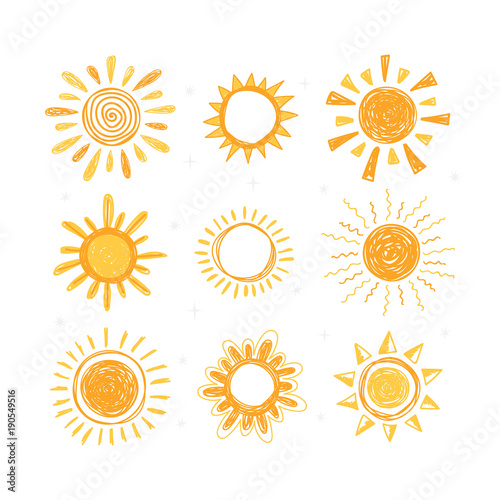 Set of hand drawn sun symbols. Collection of doodle sun icons