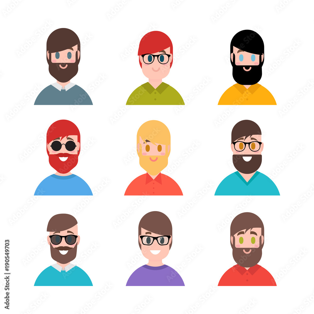 Stylized young boys and men. Avatars in cartoon flat style. Male characters Stylized young boys and men. Avatars in cartoon flat style. Male characters