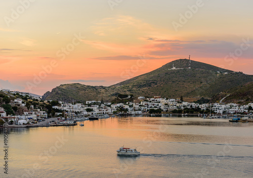 Beautiful sunset view of Skala village in Patmos island, Dodecanese, Greece photo