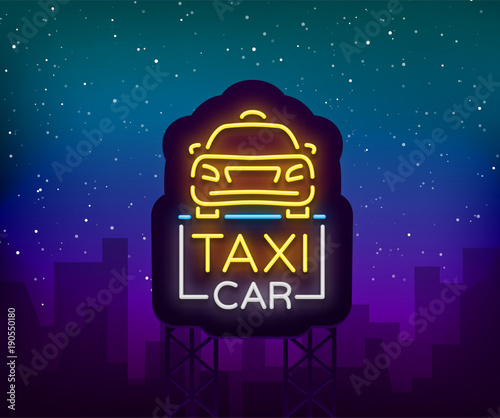 Taxi car design neon glowing logos concept template. Luminous signboard on the theme of transportation of passengers. Neon signs, light night banner. Vector illustration