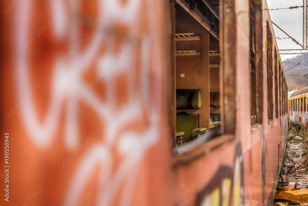 Fototapeta premium Belgrade, Serbia March 21, 2016: Abandoned and destroyed trains
