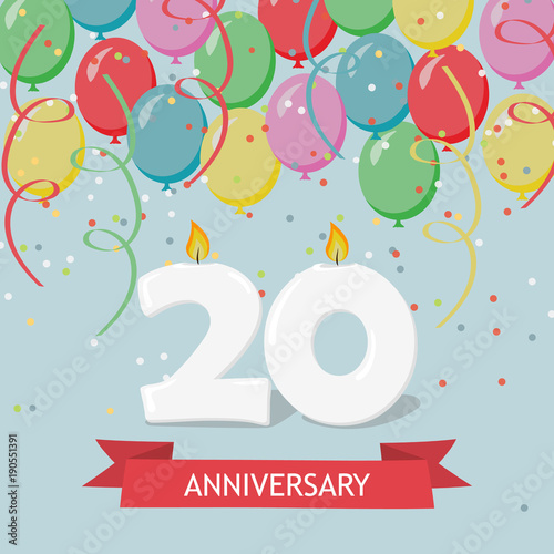 Twenty years anniversary greeting card with candles, confetti and balloons