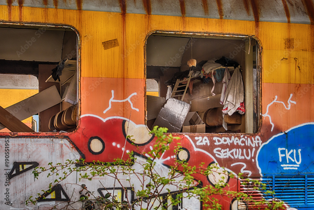 Naklejka premium Belgrade, Serbia March 21, 2016: Abandoned and destroyed trains