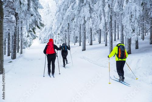 Three female skiers together in white winter nature