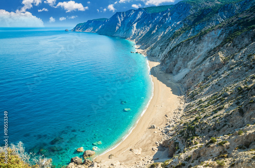 Famous Platia Ammos beach in Kefalonia island, Greece. The beach was affected by the earthquake in the spring of 2014 and it is very difficult to go down on the beach.