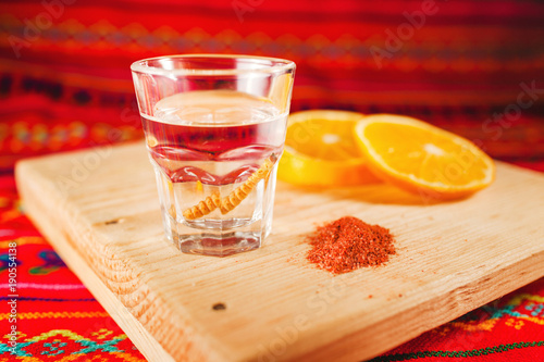 Canvas Print Mezcal shot with orange slices and worm salt in oaxaca mexico