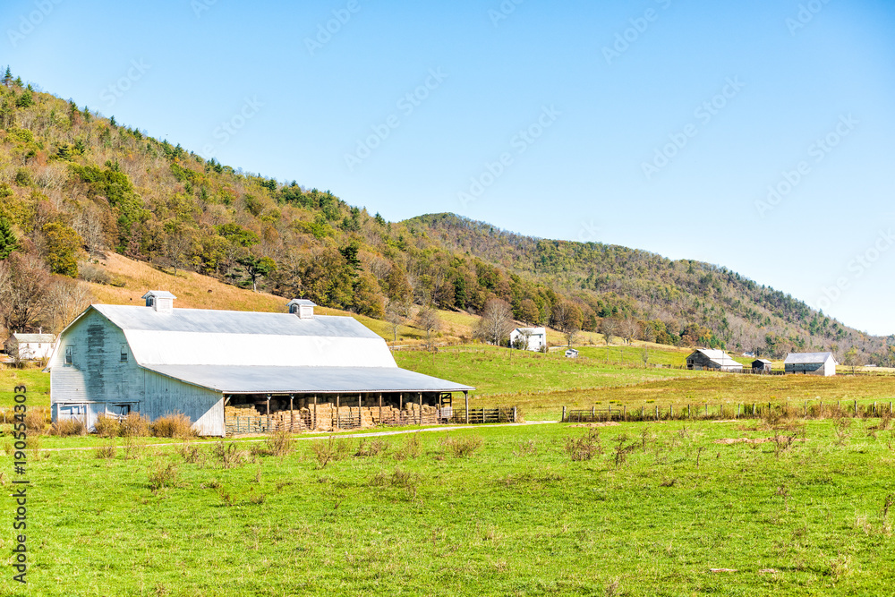 Rural West Virginia farm countryside mountain scenery in Green Bank, WV in autumn, fall wooden building shed