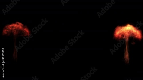 Realistic animation of 5 flames shooting up from the bottom, like stage pyrotechnics. Short bursts in various combinations. Including luma matte.