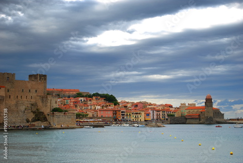 The Notre Dame Church overlooking the harbor of Collioure in the south of France