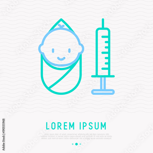 Vaccination of baby with syringe thin line icon. Modern vector illustration of immunization and disease prevention.