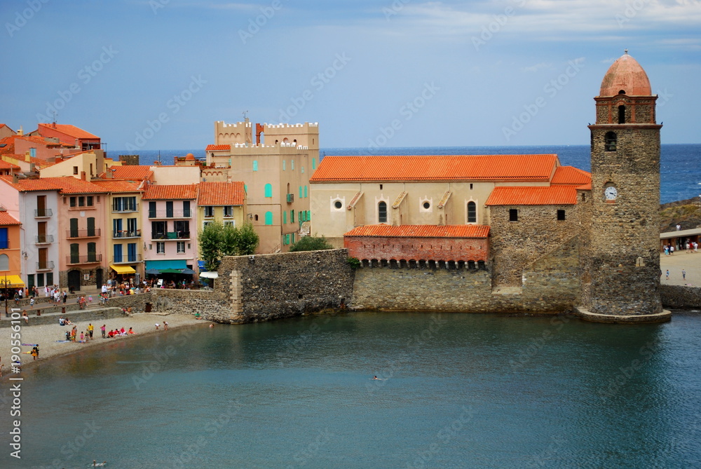 The Notre Dame Church overlooking the harbor of Collioure in the south of France