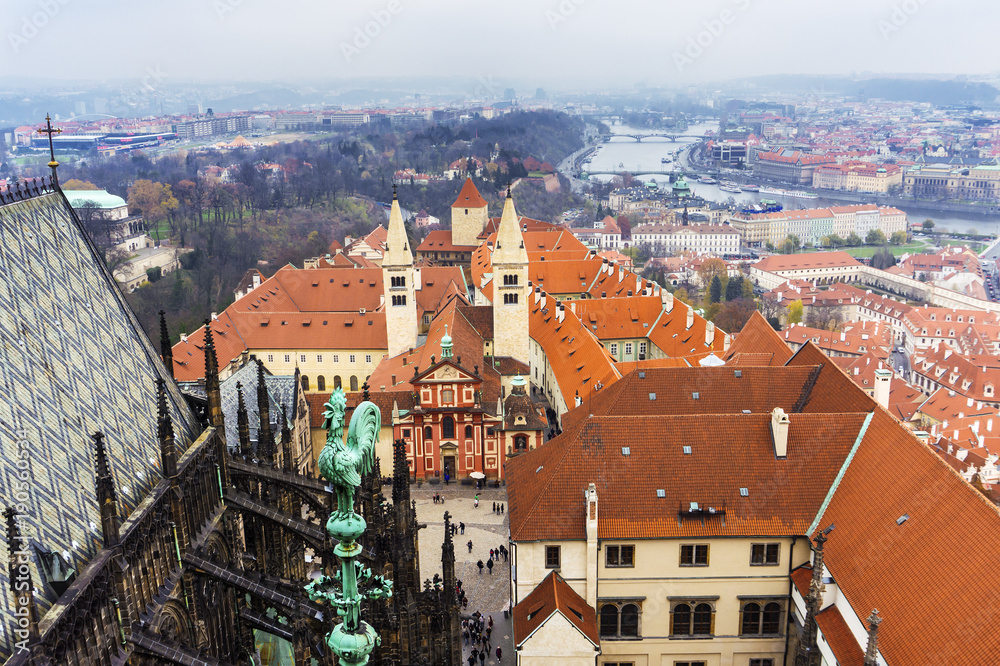 Panorama of Prague castle from Saint Vitus Cathedral, top view from tower, Prague, Czech Republic