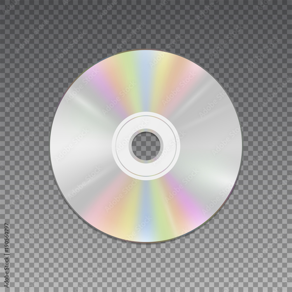 Cd or dvd disc realistic template for mock ups, advertisement, web-design.  Glowing plastic surface stylization of music, video or other information  data medium on transparent background. Stock-Vektorgrafik | Adobe Stock