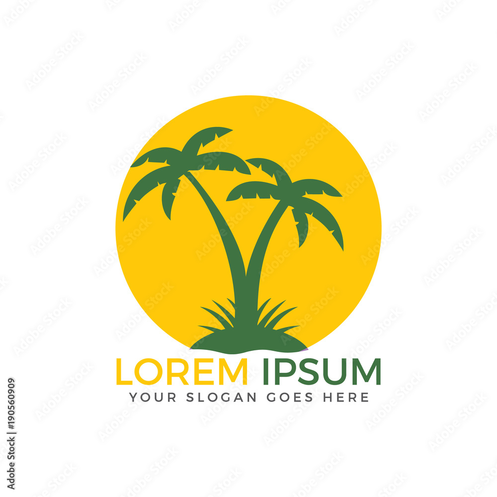 Logo of travel agency. Logo with palm trees, island, sea and sun.