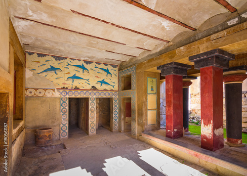 Copies of fresco in a hall at the palace of Knossos, famous ancient city in Crete, located near modern Heraklion city