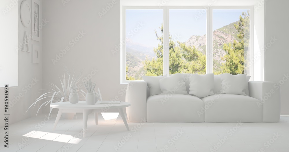 Fototapeta premium Idea of white room with sofa and summer landscape in window. Scandinavian interior design. 3D illustration
