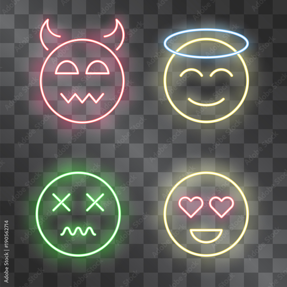Set of neon glowing emoticons on transparent background for modern web-sites design, computer games, messenger stickers or applications to sign status, mood, attitude, logo template. Set of neon glowing emoticons on transparent background for modern web-sites design, computer games, messenger stickers or applications to sign status, mood, attitude, logo template.