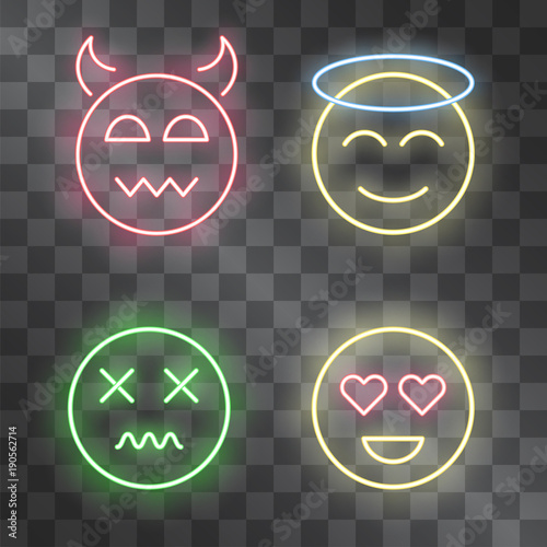 Set of neon glowing emoticons on transparent background for modern web-sites design, computer games, messenger stickers or applications to sign status, mood, attitude, logo template.