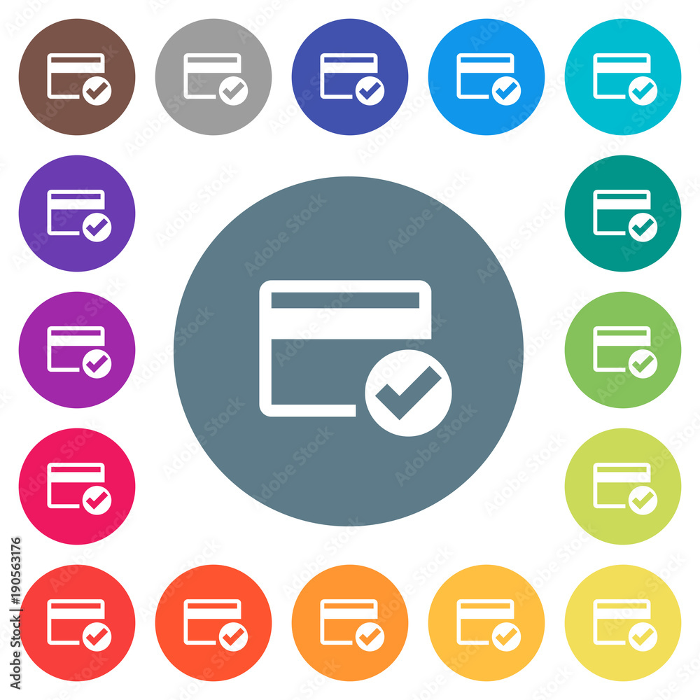 Credit card verified flat white icons on round color backgrounds Credit card verified flat white icons on round color backgrounds