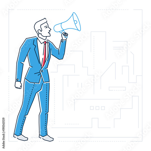 Businessman with a megaphone - line design style isolated illustration