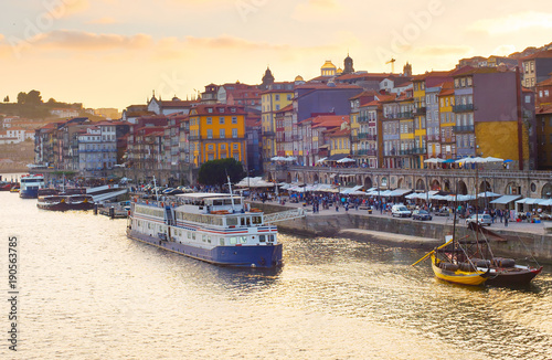 Porto quayside at sunset, P...