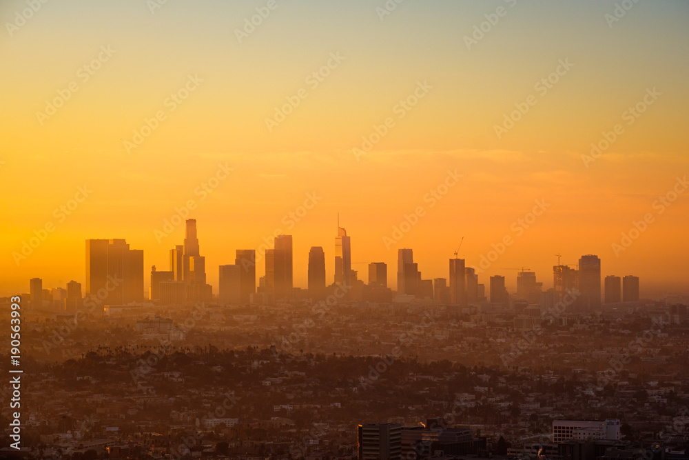 Los Angeles skyline viewed from Griffith observatory at sunrise