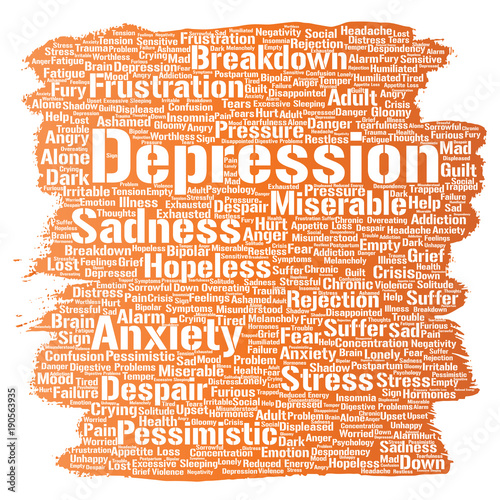 Vector conceptual depression or mental emotional disorder problem paint brush word cloud isolated background. Collage of anxiety sadness, negative sad, despair, unhappy, frustration symptom