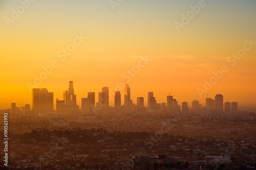 Los Angeles skyline viewed from Griffith observatory at sunrise