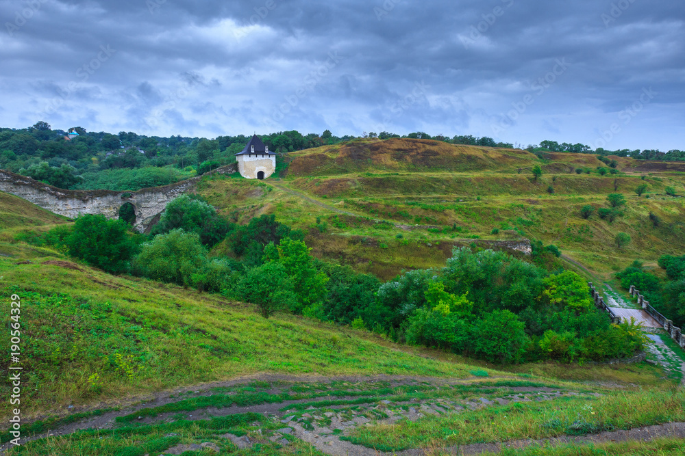 Ancient medieval Khotyn castle located on the right bank of the Dniester River. Remains of engineering and fortification buildings and ruins. Khotyn. Chernivtsi region. Ukraine Ancient medieval Khotyn castle located on the right bank of the Dniester River. Remains of engineering and fortification buildings and ruins. Khotyn. Chernivtsi region. Ukraine