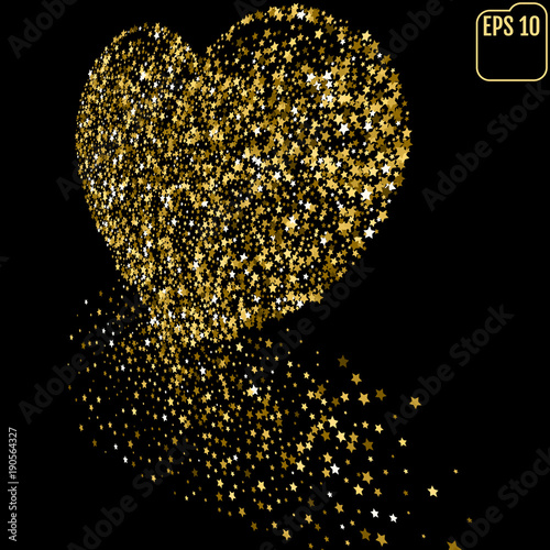 Golden glitter heart. Vector golden stars isolated on blask. Great for valentine and mother's day cards, wedding invitations, party posters and flyers.