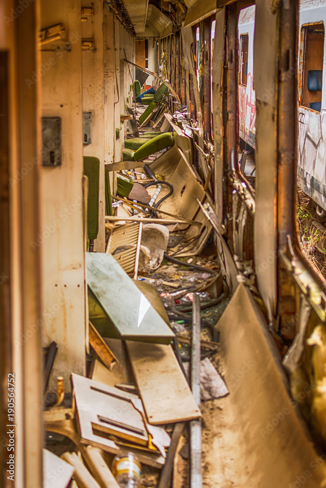 Fototapeta premium Abandoned and destroyed trains