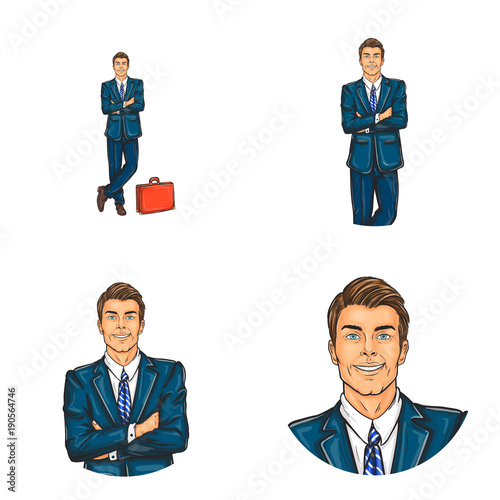 Vector set of male round avatars for users of social networks, blogs, profile icons in pop art style. Smiling, confident man, businessman, in a business suit stands with crossed arms and briefcase