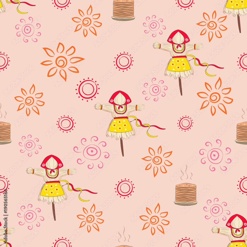 Seamless pattern with carnival symbols Shrovetide or Maslenitsa Seamless pattern with carnival symbols Shrovetide or Maslenitsa