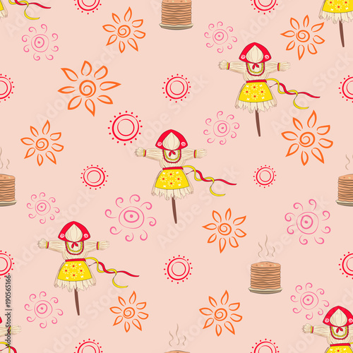 Seamless pattern with carnival symbols Shrovetide or Maslenitsa