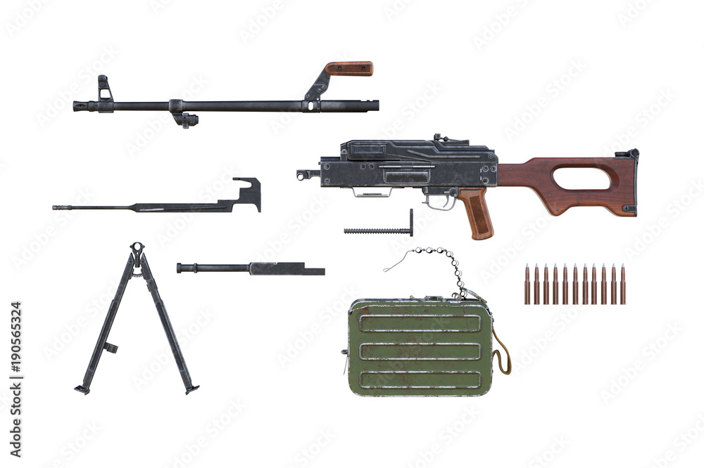 Rifle army equipment disassembled view. 3D rendering