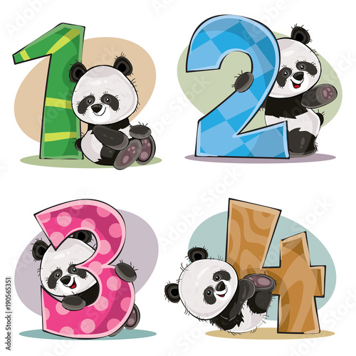 Set of cute baby panda bears with numbers vector cartoon illustration. Clipart for greeting card for kids birthday, invitation for invite, template, t-shirt print. Fun math, counting, numerals 1,2,3,4 © vectorpocket