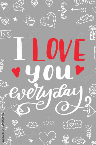 Hand drawn poster with love elements. Brush calligraphy. Happe Valentines Day. Vector illustration