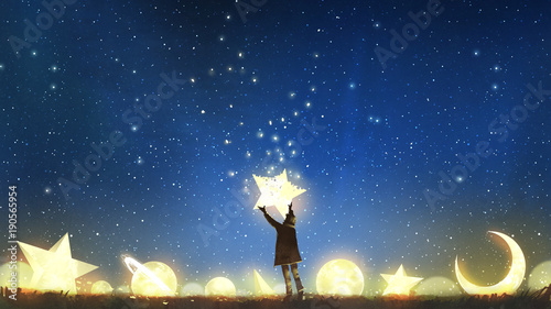 Fototapeta piękna sceneria przedstawiająca młodego chłopca stojącego wśród świecących planet i trzymającego gwiazdę na nocnym niebie, cyfrowy styl sztuki, malarstwa ilustracyjnego