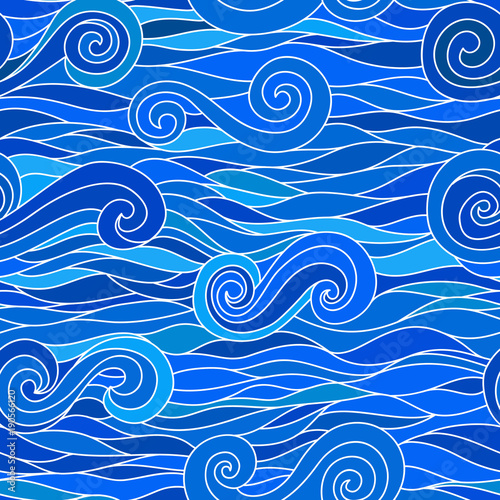 Abstract blue seamless pattern with waves, vector illustration