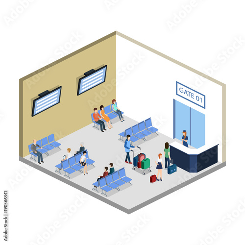 Isometric 3D vector illustration people at the airport with luggage and waiting for the plane