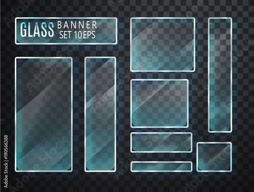 Glass transparent plates set. Vector glass modern banners isolated on transparent background. Flat glass. Realistic 3D design. Vector transparent object 10 eps.