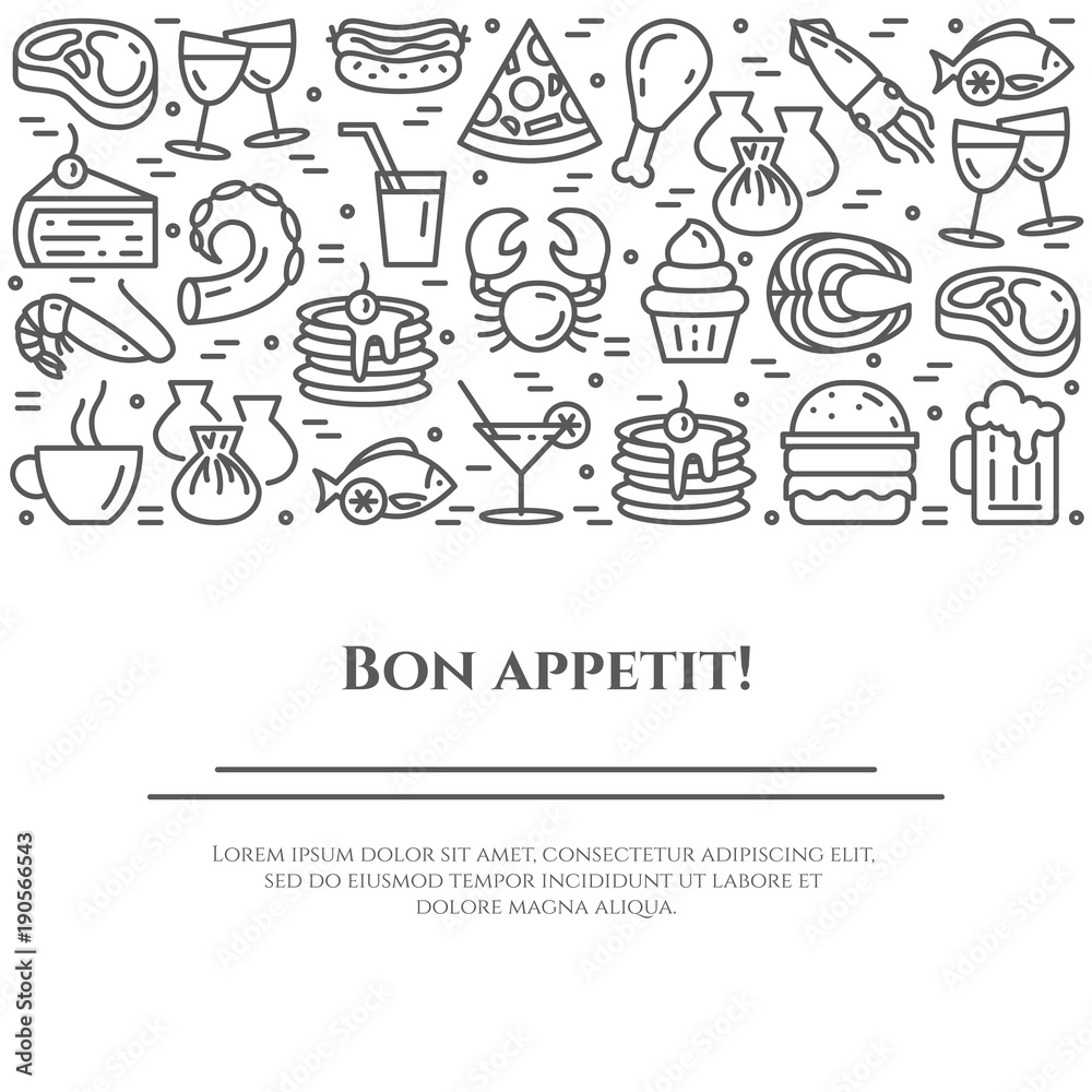Meals theme horizontal banner. Pictograms of pie, steak, fish, tea, wine, shrimp, pizza and other restaurant food related pictograms. Line out. Simple silhouette. Vector illustration Editable stroke