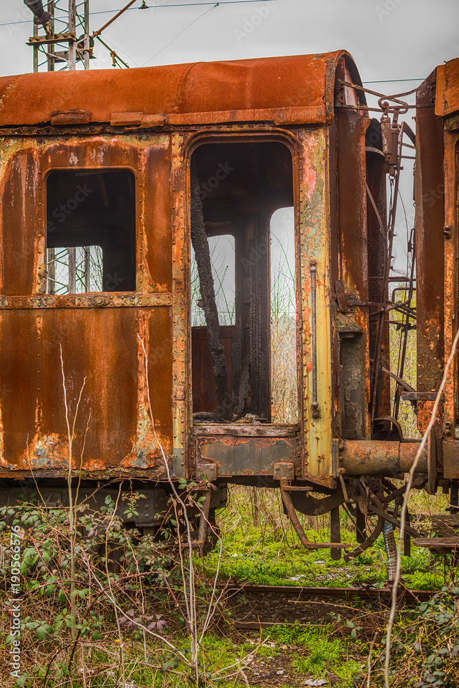 Fototapeta premium Abandoned and destroyed trains
