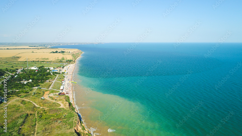 Yuzhny, Ukraine, August 17, 2017. Aerial view of city beach Yuzhny, Ukraine, August 17, 2017. Aerial view of city beach
