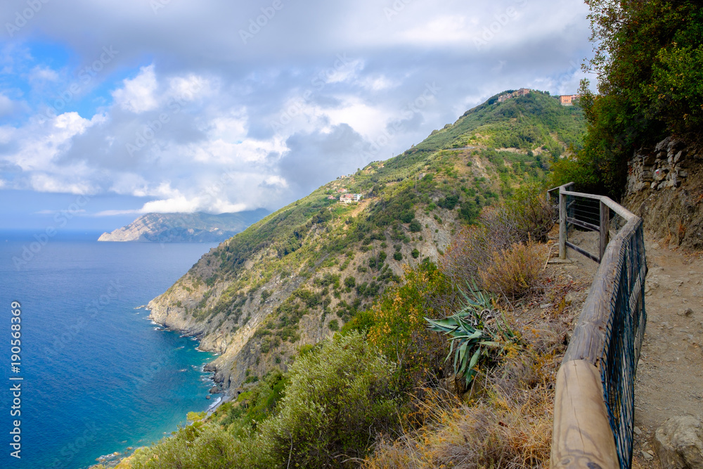 Distant view of Corniglia, Italy.