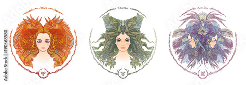 Zodiac sign. Portrait of a woman. Aries, Taurus, Gemini
