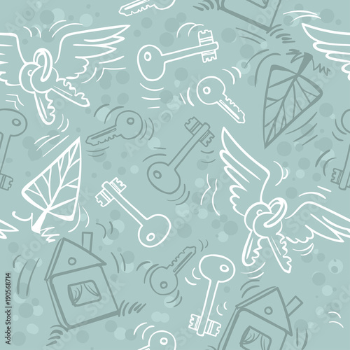 Hand drawn keys, houses and trees. Seamless pattern can be used for wallpaper, pattern fills, web page background, surface textures